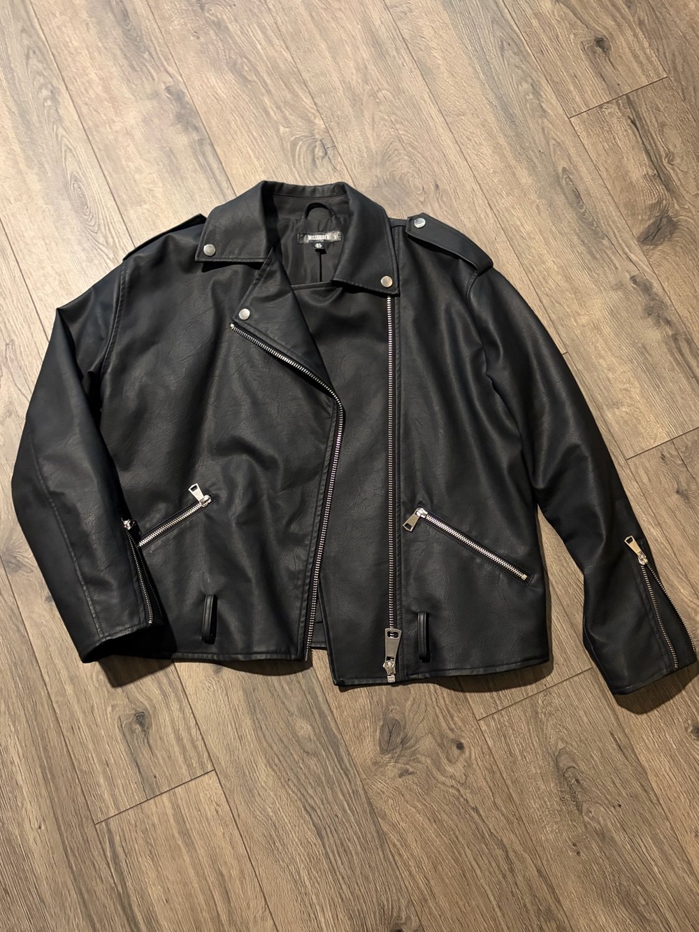 Missguided Black Faux Leather Biker Jacket with Silver Hardware